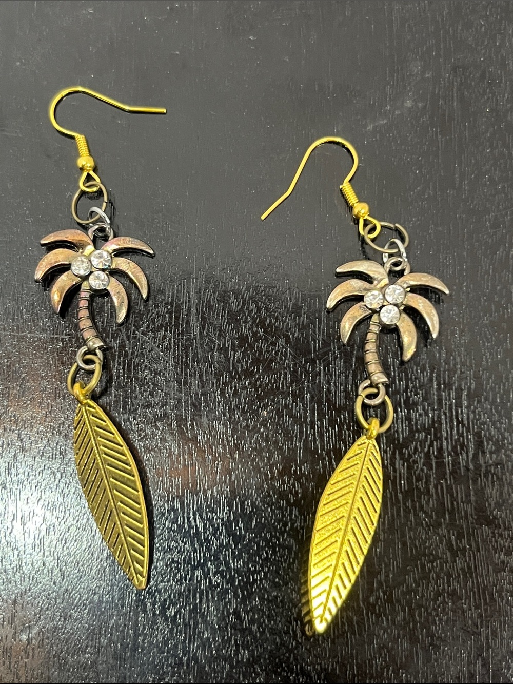 Gold Palm Tree Dangle Earrings with Leaf Charms
